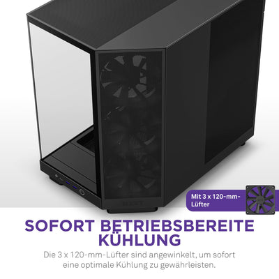 NZXT H6 Flow | CC-H61FB-01 | Kompaktes Mid-Tower Gehäuse mit zwei Kammern | Glaspaneele mit Panoramablick | Hochleistungs-Airflow-Panels | Inklusive 3 x 120 mm-Lüfter | Schwarz