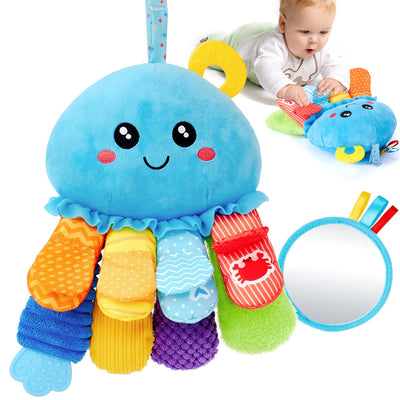 hahaland Oktopus Activity Sensorik Rassel mit Beißring,Spiegel,Baby Knister Spielzeug zum Greifen für Jungen und Mädchen 0 3 6 Monate,Neugeborene Geschenk, Montessori Greifling Spielzeug