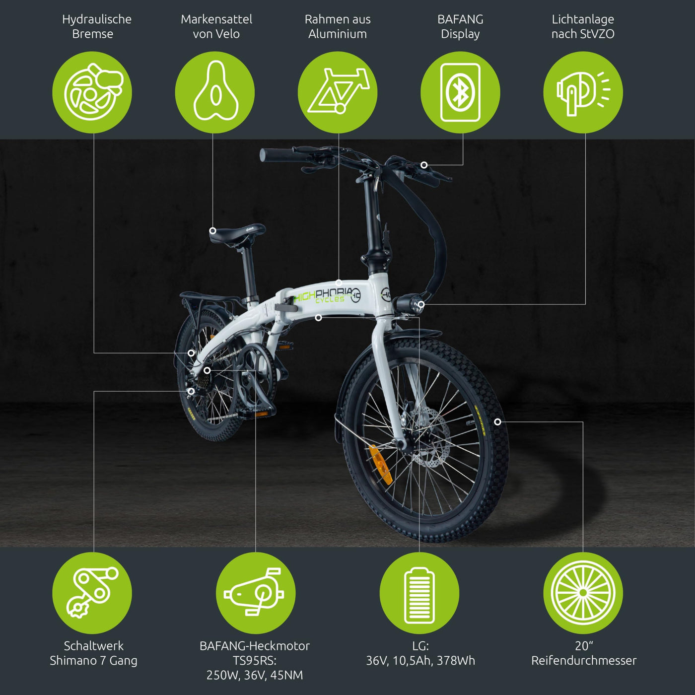 Highphoria E Bike Klapprad Elektrofahrräder 20 Zoll, Klappfahrrad Erwachsene mit 36V 10,5Ah 378Wh Batterie, 250W Motor, 7-Gang Elektrofahrrad 25km/h, 100km Reichweite(Schwarz/Grün)