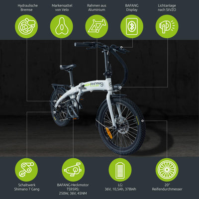 Highphoria E Bike Klapprad Elektrofahrräder 20 Zoll, Klappfahrrad Erwachsene mit 36V 10,5Ah 378Wh Batterie, 250W Motor, 7-Gang Elektrofahrrad 25km/h, 100km Reichweite(Schwarz/Grün)