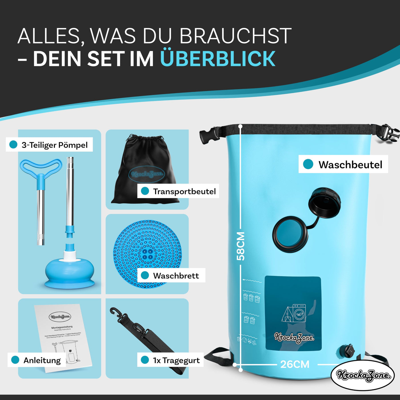Tragbare Waschmaschine ohne Strom - Faltbarer Waschbeutel Pömpel Waschbrett Set, klein & leicht für Handwäsche, Reisewaschmaschine - Outdoor mobile mini Waschtasche für Camping, Reisen, Urlaub