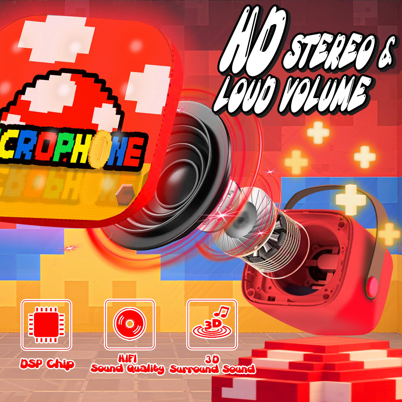 Mario Karaoke Maschine mit 2 Bluetooth Mikrofon, Pixel Miner Spielzeug, Mario Spielzeug für Kinder 3 4 5 6 7 8-12 Jahre, Tragbarer Karaoke Mikrofon, Geschenk für Jungen Mädchen ab 3-10 Jahre