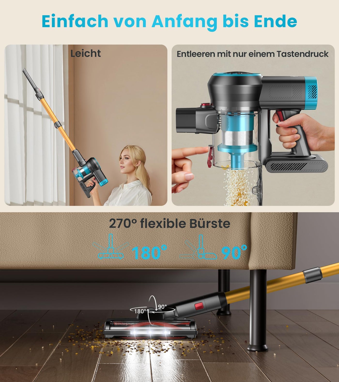 CHEBIO 45000Pa/550W/60Min Akku Staubsauger, Staubsauger Kabellos mit Selbststehendes Design, Staubsauger mit Anti-Tangle-Bürste und 5-Loch-Hocheffizienzfiltration für Hartböden, Teppich, Tierhaare
