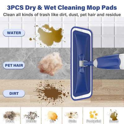 Sprühwischer Bodenwischer mit Sprühfunktion, Wischmopp mit Sprühfunktion Wischer Boden Spray Mop mit wassertank und 3 Waschbaren Mopp Pads für Hartholz, Marmor, Laminat Bodenreinigung