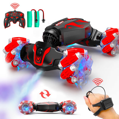 BEZGAR Ferngesteuertes Auto - Autos mit handsteuerung 4WD 2,4 GHz RC Auto für Kinder, Verwandeln Stunt car mit LED Sprühnebel Musik, Geschenk Junge Spielzeug ab 5 6 7 8 Jahre, Rot