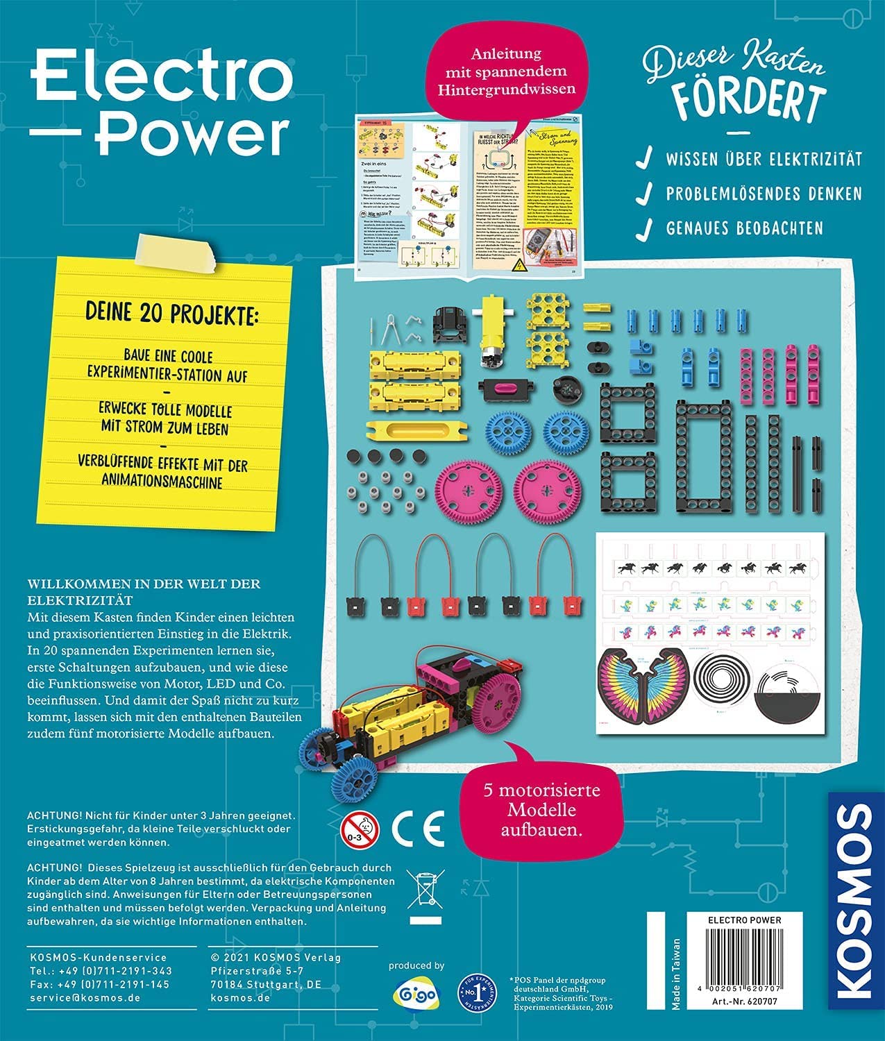 KOSMOS 620707 Electro Power – Einstieg in die Welt der Elektrizität, Amazon Exklusiv, Technik Experimentierkasten für Kinder ab 8 Jahre, Elektronik Baukasten mit 5 motorisierten Modellen