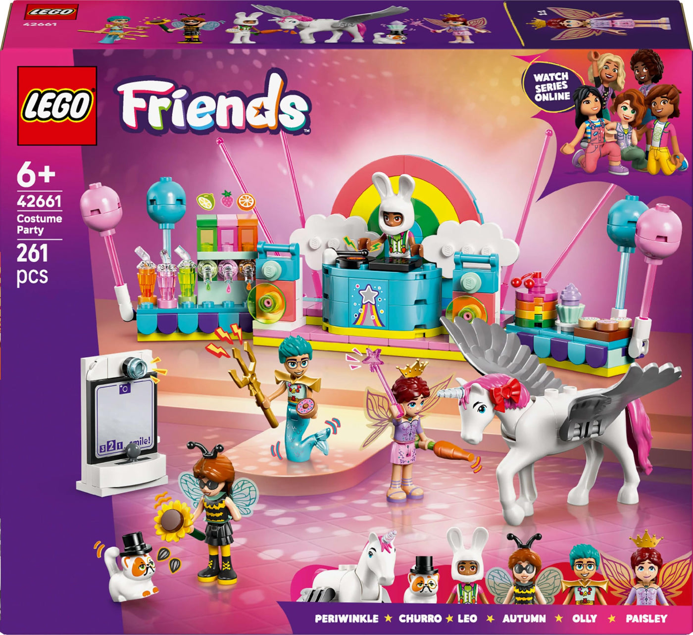 LEGO Friends Kostümparty mit Einhorn und Fee - Spielzeug für Mädchen ab 6 Jahren, inkl. Bühne, DJ-Pult, 4 Mini-Puppen, Kater Churro & Pferd als Tierfigur, Plus Zubehör - Geschenkidee - 42661