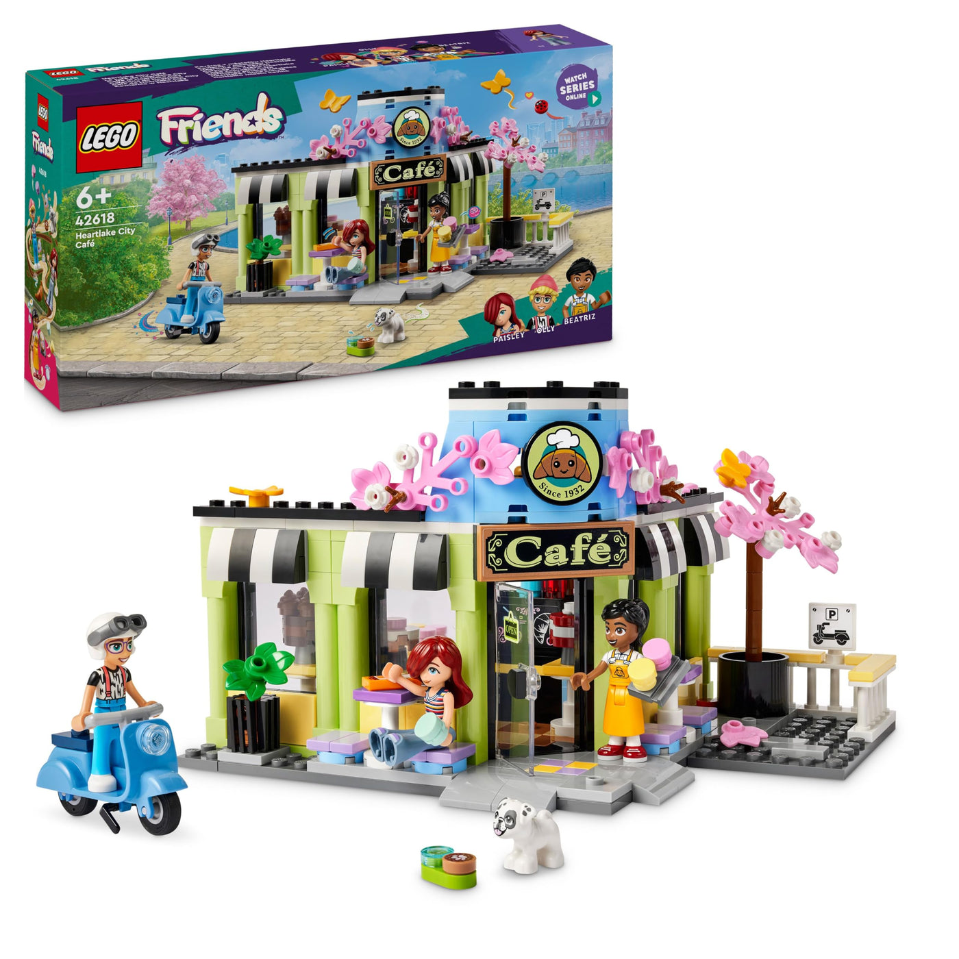 LEGO Friends Heartlake City Café, Kinderspielzeug, Spielzeug-Bäckerei, Geschenkidee für Mädchen und Jungen ab 6 Jahren, Set mit 3 Spielfiguren und Hundefigur 42618