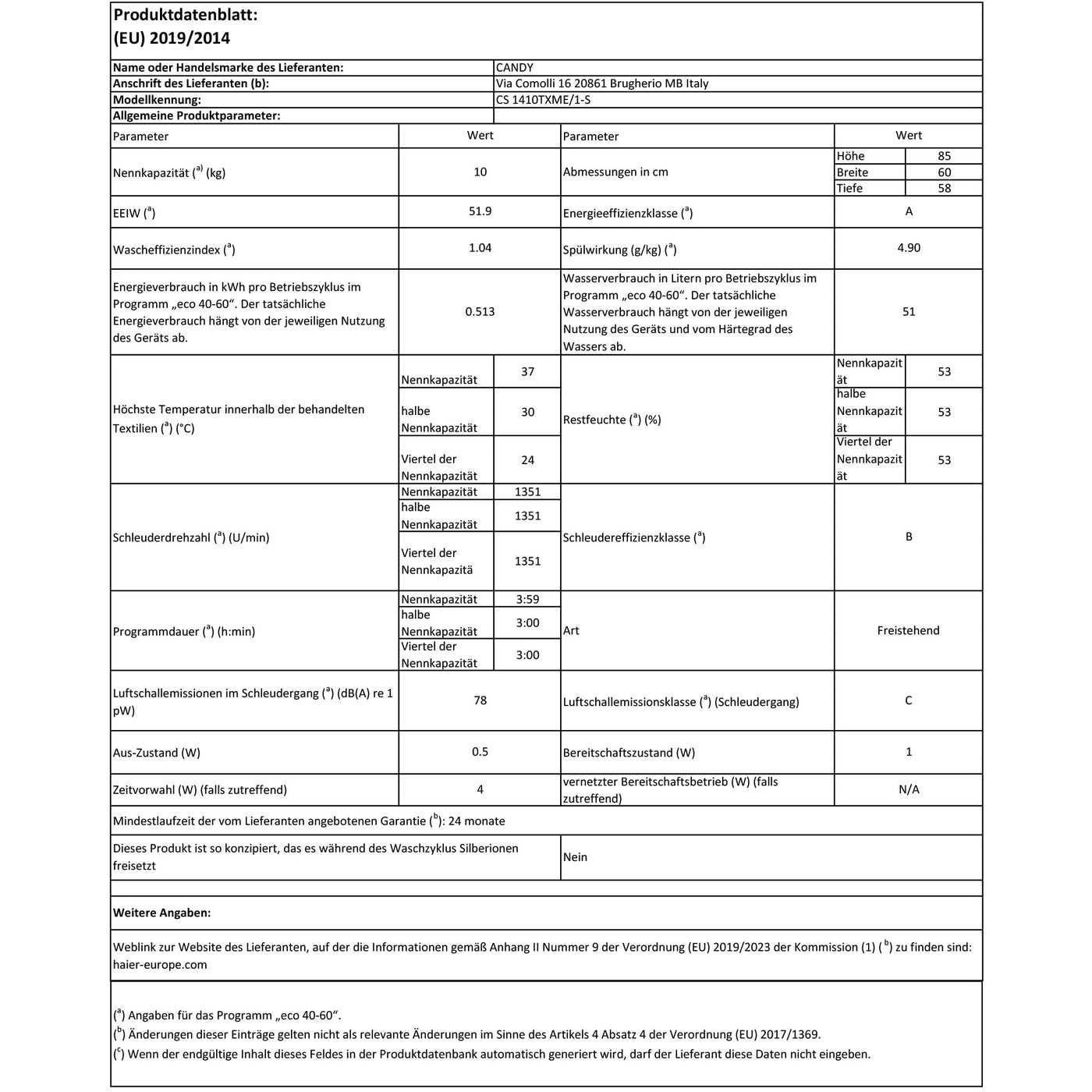 Hoover CS 1410TXME/1-S Waschmaschine, 10 kg, Energieeffizienzklasse A, Inverter-Motor