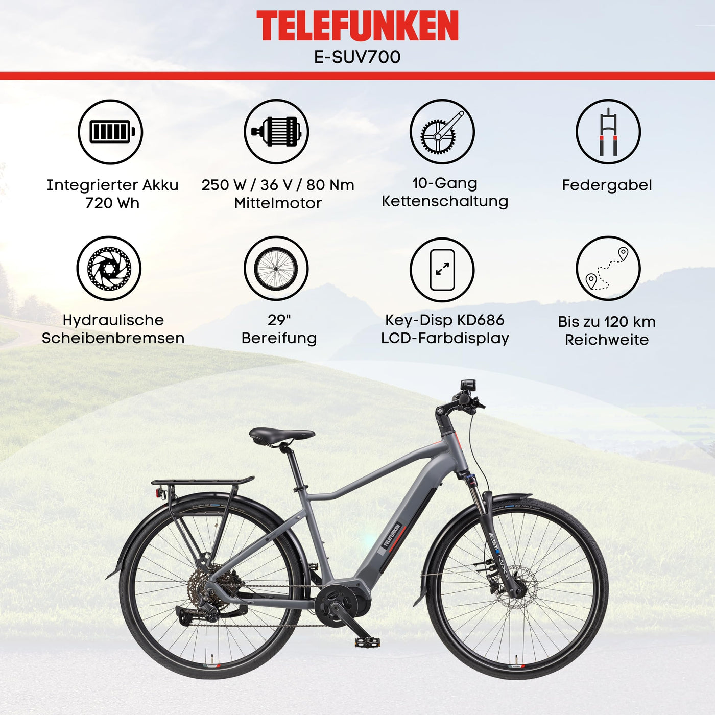 TELEFUNKEN E-Bike Herren 29 Zoll, Elektrofahrrad Mittelmotor, 10-Gang Kettenschaltung, Hydr. Scheibenbremsen - Pedelec SUV-Bike, SUV700