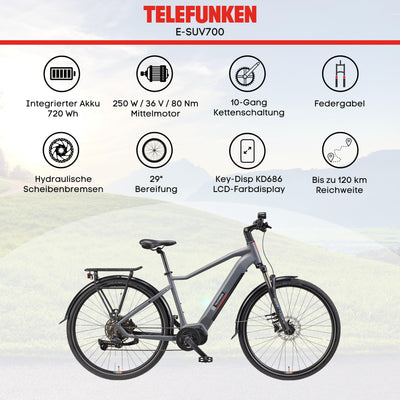 TELEFUNKEN E-Bike Herren 29 Zoll, Elektrofahrrad Mittelmotor, 10-Gang Kettenschaltung, Hydr. Scheibenbremsen - Pedelec SUV-Bike, SUV700