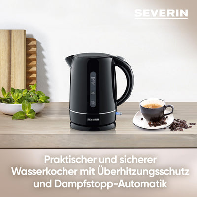 SEVERIN Wasserkocher 1,7 l, leistungsstarker und kompakter Wasserkocher in hochwertigem Design, elektrischer Wasserkocher mit Kalkfilter, schwarz, WK 4322