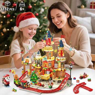 CUBIMANA Weihnachtsschloss-Achterbahn-Bausatz mit Lichtern – 2025 Schlossdorf-Achterbahn-Bausteine Haus Weihnachtsbaum Zug Weihnachtsmann-Spielset Geschenk Erwachsene Kinder Jungen Mädchen(1232Teile)