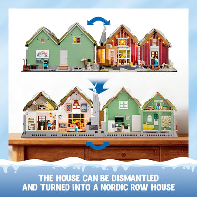 Lumibricks Island SPA-Hütte mit LED – 2235 Teile Winterbeleuchtung Nordisches Grasdach-Haus Set mit Sauna & Hot Spring, Teilbare Reihenhäuser, Immersive Nordische Kultur, Geschenk & Wohnungsdeko