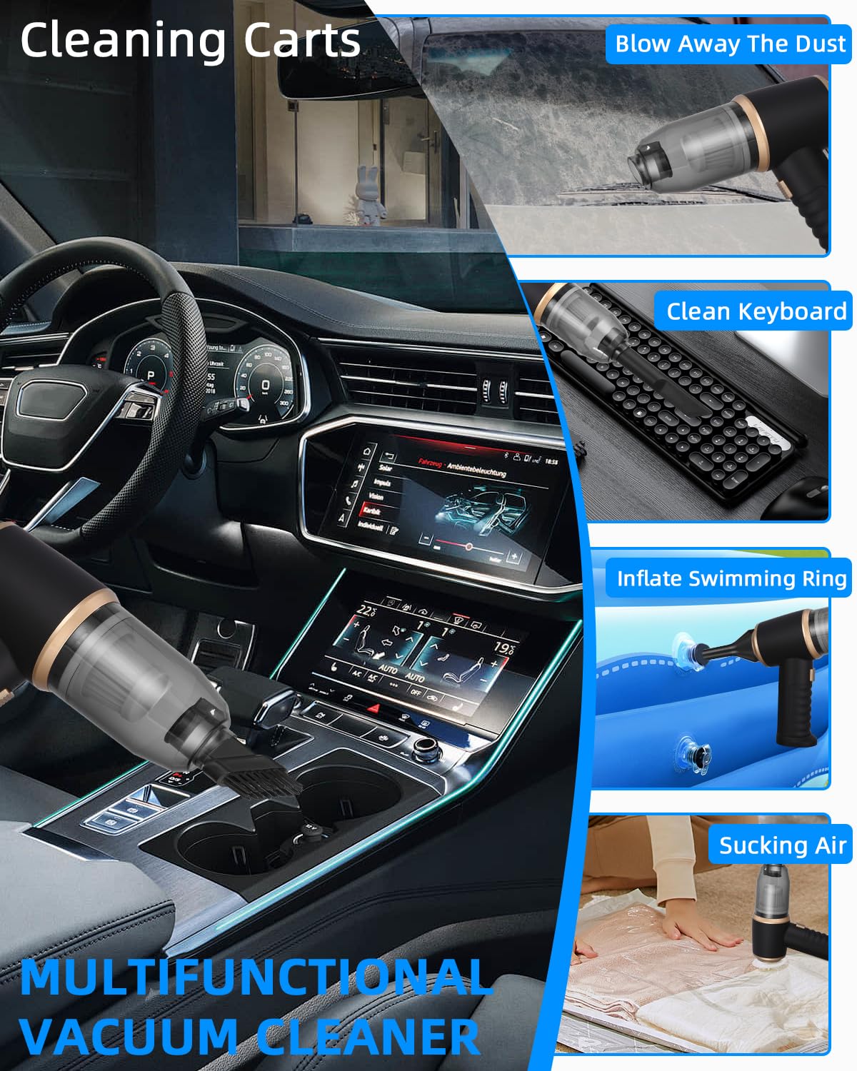 TIDEVAN Handstaubsauger Kabellos Akku Handstaubsauger Multifunktionaler für Auto,12000Pa Mini Staubsauger Autostaubsauger,3 in 1 Handstaubsauger Akku Kabellos mit Waschbar HEPA-Filter für Auto,Haus