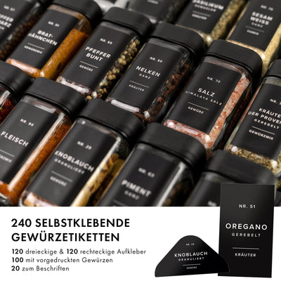 EDELHAUS Gewürzgläser Eckig Set mit Streueinsatz Deckel (24 x 120ml) Gewürzstreuer mit 240 Etiketten Schwarz - Hochwertige Gewürzbehälter, Gewürzdosen