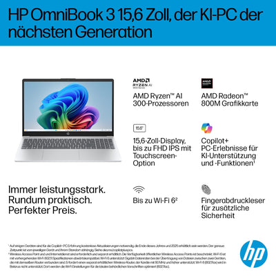 HP OmniBook 3 Next Gen AI PC 15-fn0523ng | Copilot+ PC | 15.6 Zoll FHD Display (1920 x 1080) | AMD Ryzen AI 5 330 (50 NPU-Tops) | 16GB RAM | 512GB SSD | QWERTZ Tastatur | Windows 11 Home | Silber