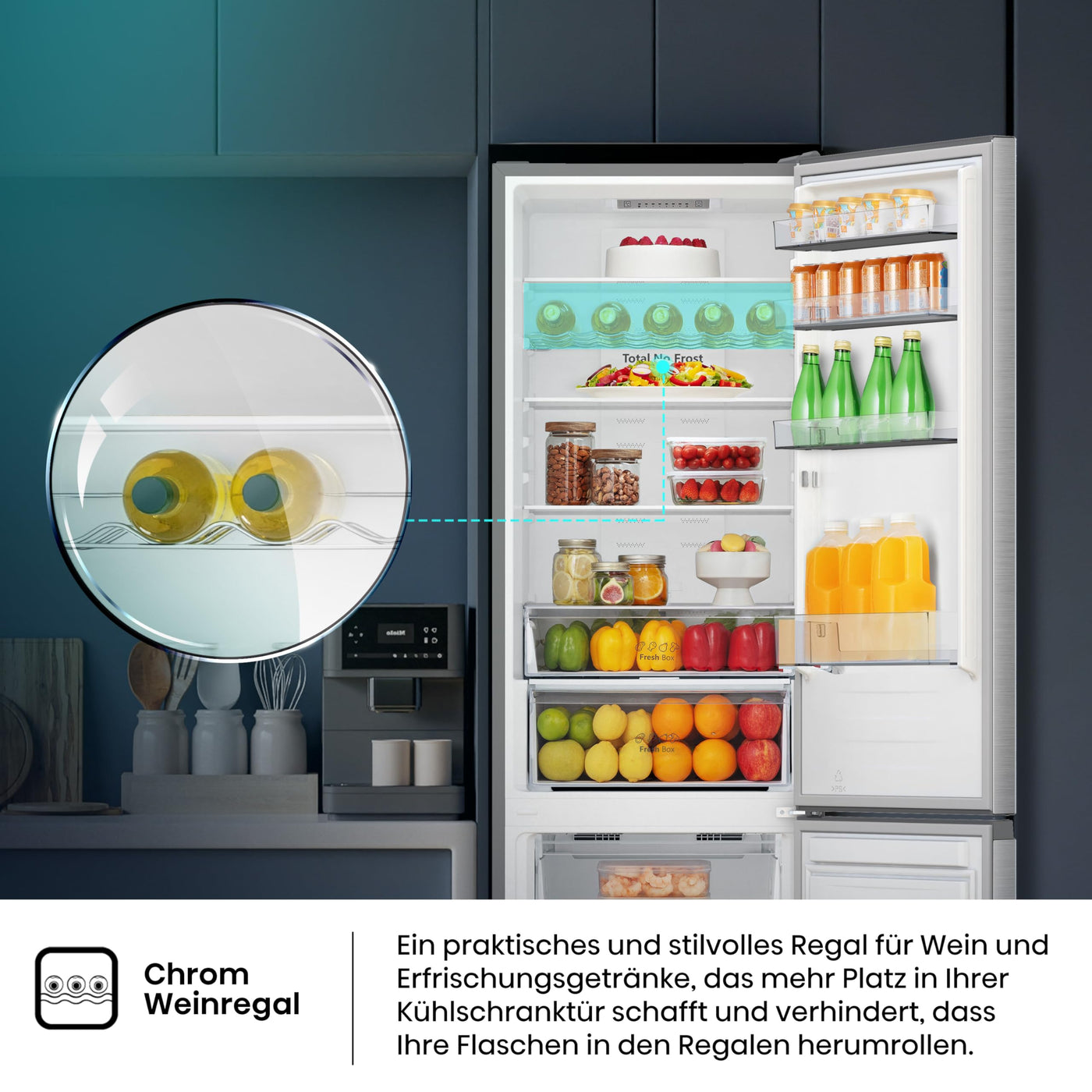 Hisense RB440N4ACA Kühl-Gefrier-Kombination/Höhe 201 cm/Kühlen 178 L/Gefrieren 98 L/LED Beleuchtung, Edelstahl