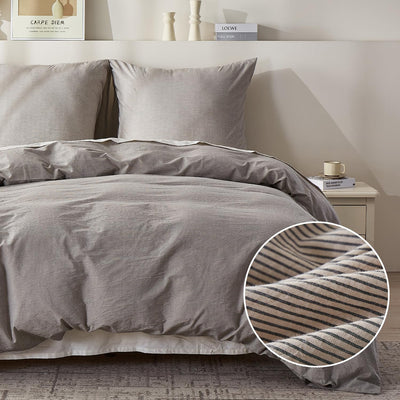 Simple&Opulence Bettwäsche 135x200 Baumwolle Gestreift Muster, 100% Gewaschene Baumwolle Bettbezug Set, Weich, hypoallergen, Enthält 1 Bettbezug 135x200 cm + 1 Kissenbezug 80x80 cm, Dunkelgrau-beige