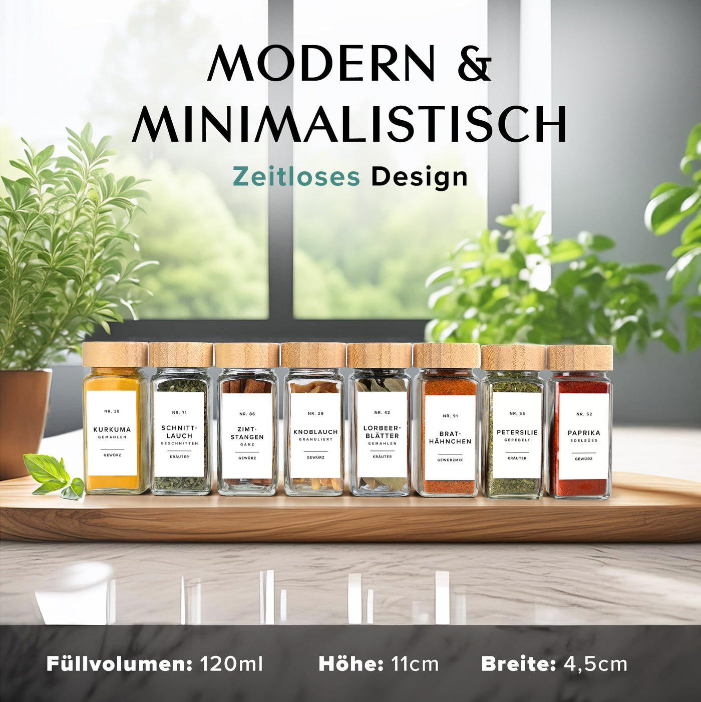 EDELHAUS Gewürzgläser Eckig Set mit Holzdeckel (24 x 120ml) Gewürzstreuer mit Streueinsatz und 240 Etiketten Weiß - Bambusdeckel Gewürzbehälter, Gewürzdosen, Gewürze organizer [10,7cm x 4,5cm]