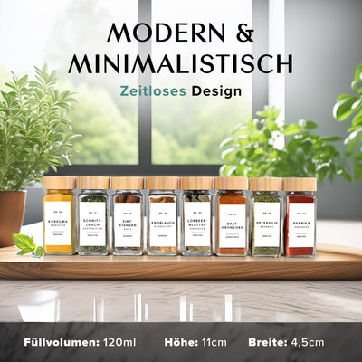 EDELHAUS Gewürzgläser Eckig Set mit Holzdeckel (24 x 120ml) Gewürzstreuer mit Streueinsatz und 240 Etiketten Weiß - Bambusdeckel Gewürzbehälter, Gewürzdosen, Gewürze organizer [10,7cm x 4,5cm]