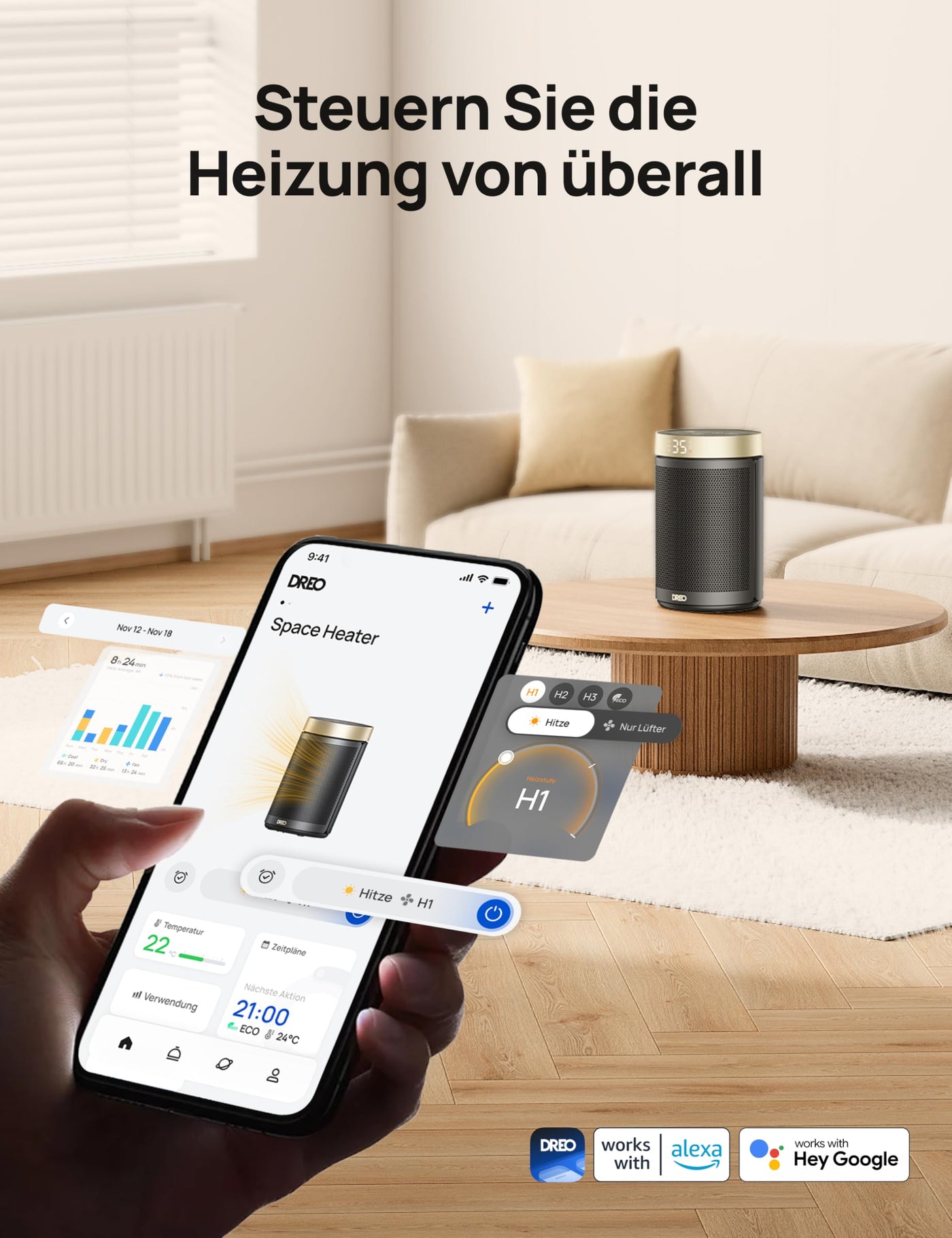Dreo Energiesparender Heizlüfter, 1500W energiesparender leiser Raumheizer, tragbare Keramik-Fan-Heizer, Thermostat 3 Modi 12H Timer, Überhitzungs- und Kippschutz, für Schlafzimmer, Atom 316, Gold