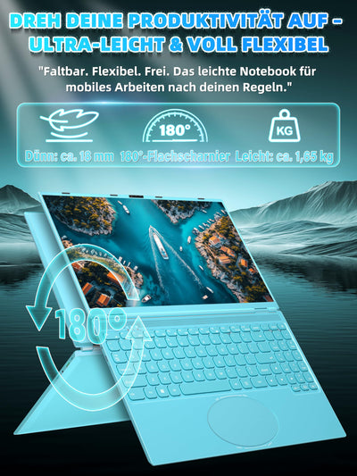 Fsjun 16" Laptop Notebook Blau, N95 bis 3,4 GHz, 16GB RAM 1TB SSD, 2.5K QHD IPS 2560×1600 Screen, 7-farbige beleuchtete Tastatur, Face Unlock, USB-C/HDMI/WiFi/BT, DE Tastaturschutz
