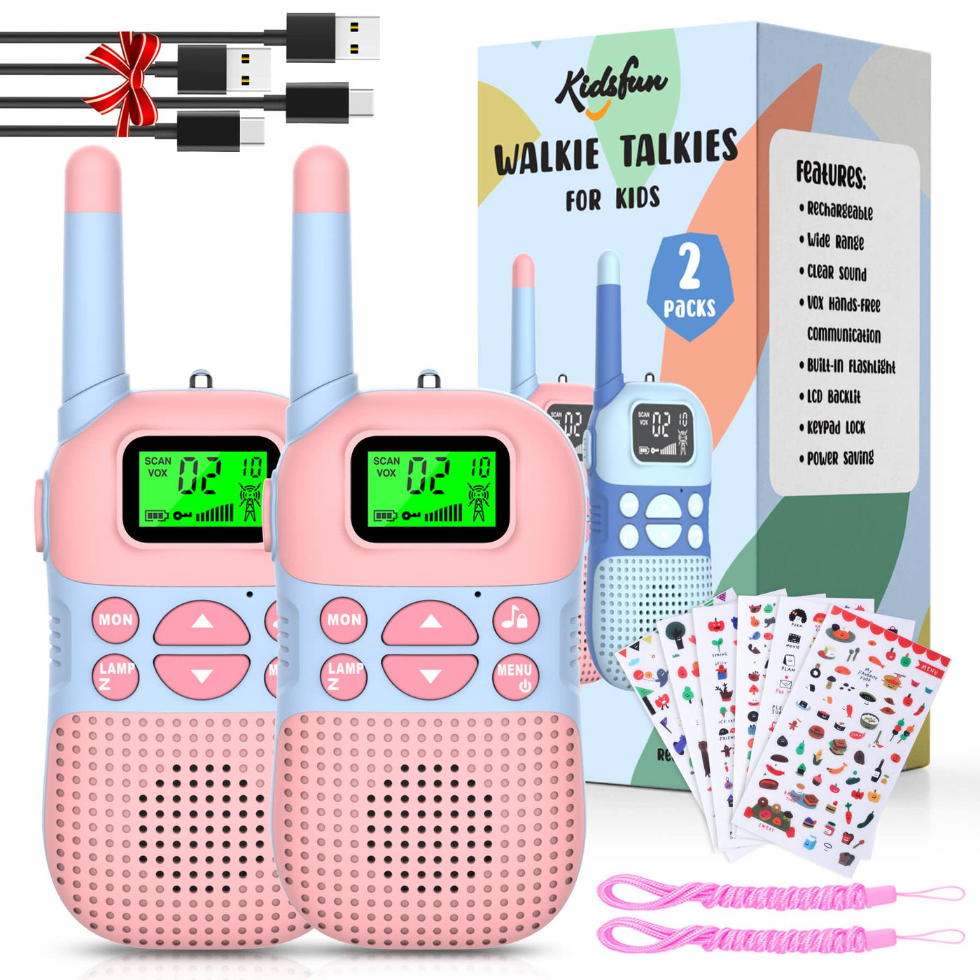 Kidsfun 2×Walkie Talkie Kinder, USB Wiederaufladbar Draußen Spielzeug Walki Talki mit Taschenlampe, Geschenk für Junge und Mädchen ab 3 Jahre,3 Meilen Reichweite für Einkaufen, Freien, Camping. Rosa