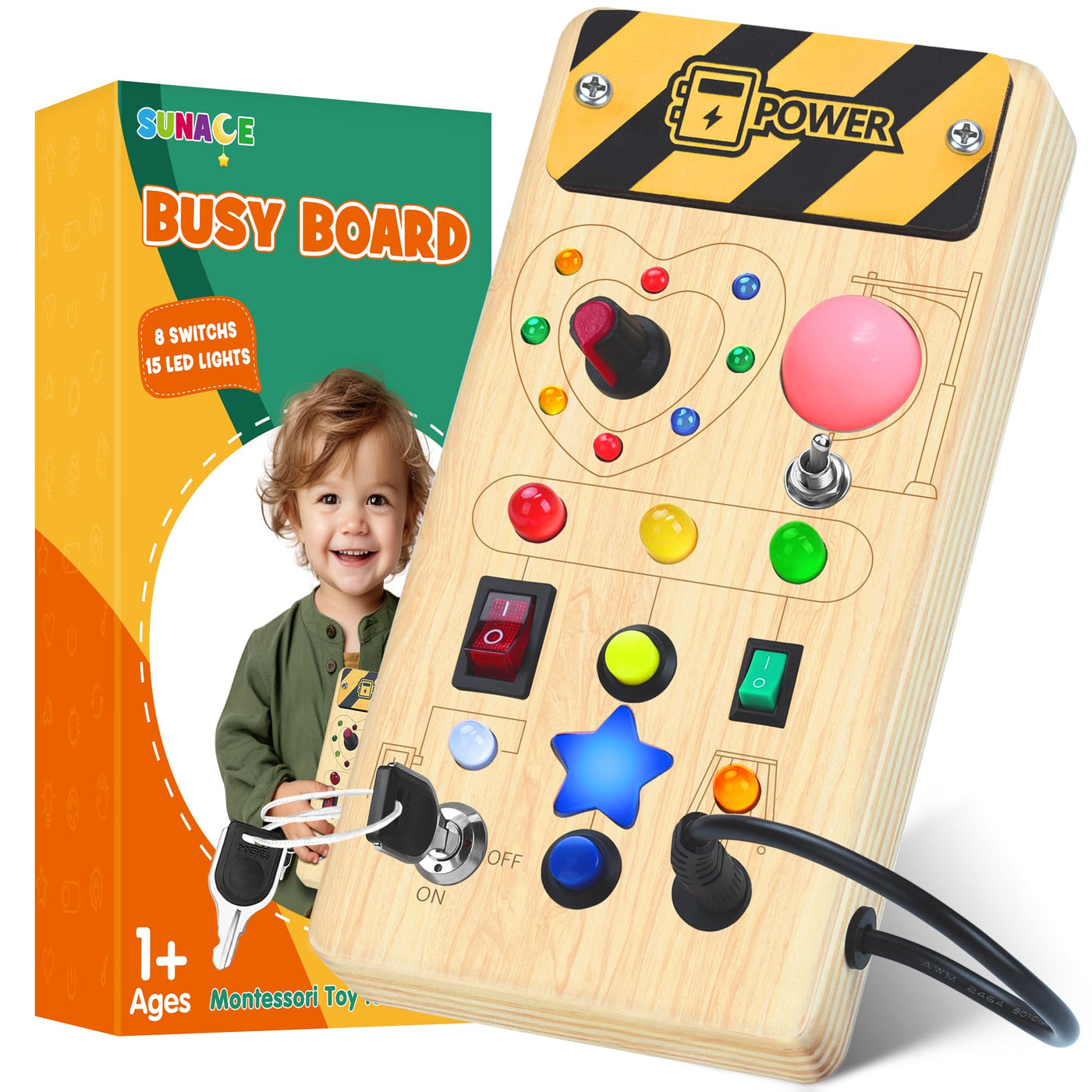 Montessori Busy Board - Montessori Spielzeug ab 1 Jahr Holzspielzeug mit 8 Schalter 15 LED Motorikspielzeug Activity Board Schalter Spielzeug für Jungen Mädchen ab 1 2 3 Jahre (Standardausgabe)