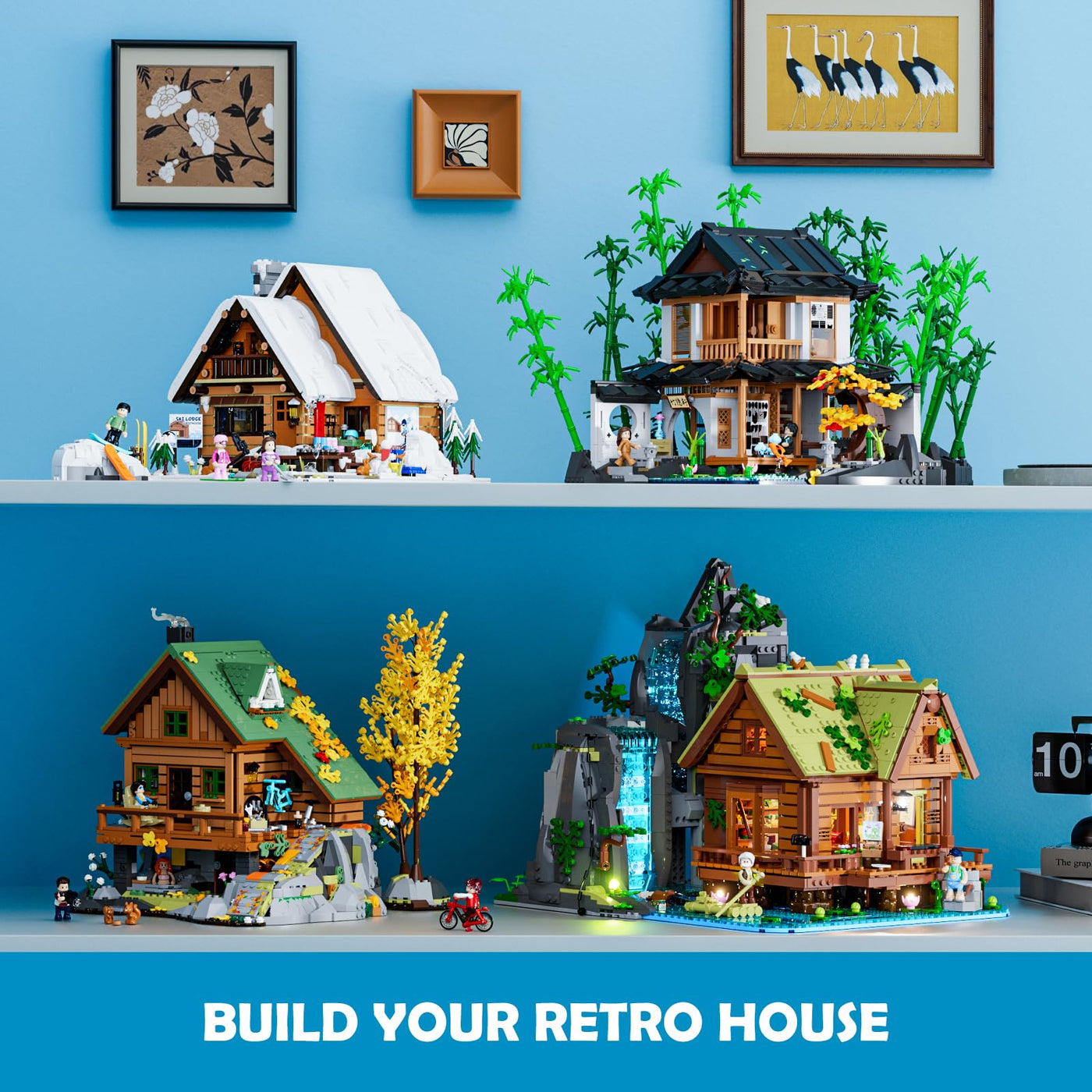 Lumibricks Waterfall Cabin Bauset mit Licht – 2539 Teile Retro Holzhaus mit beweglichem Wasserfall & Naturkulisse, Sammlerstück für Erwachsene