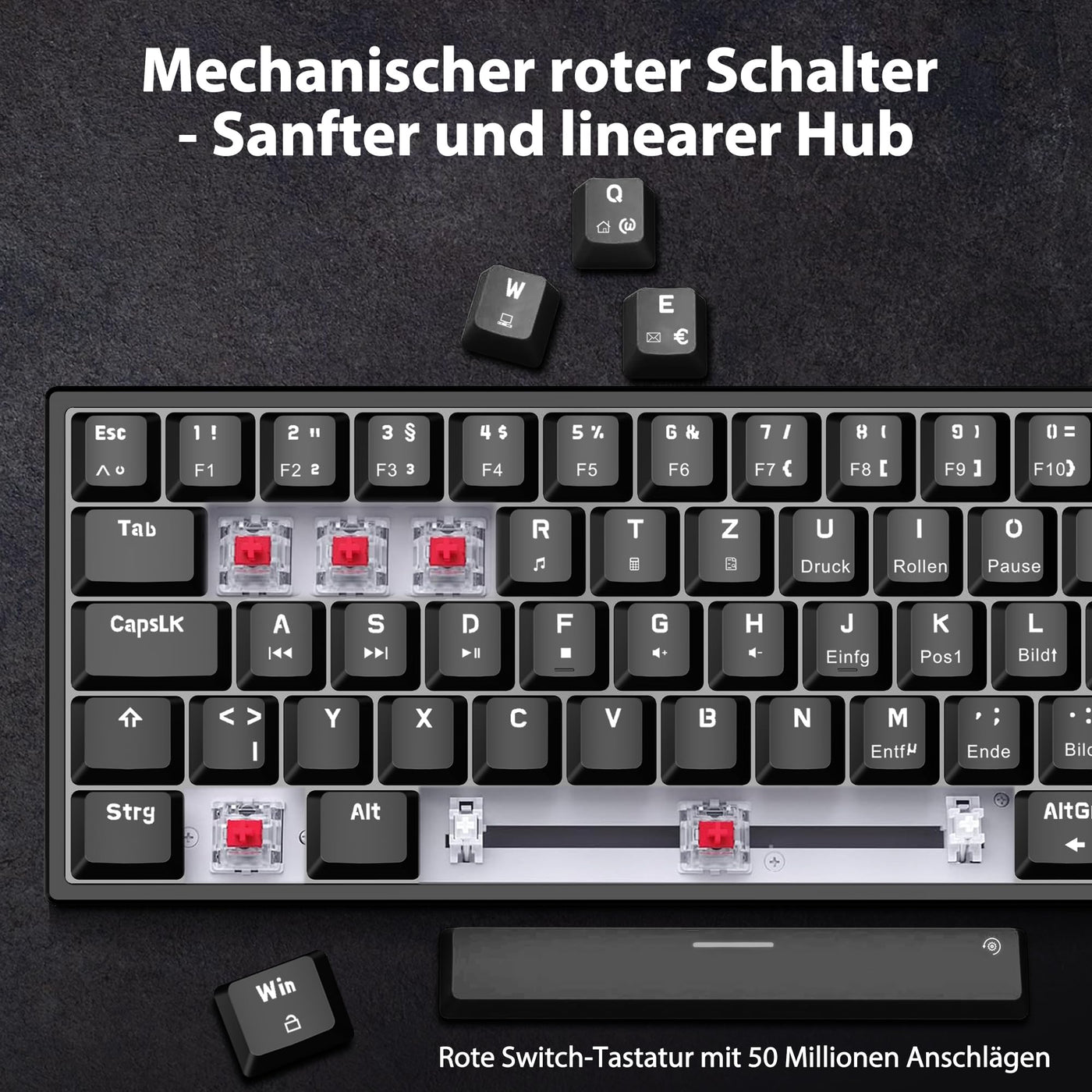 Snpurdiri 60% kabelgebundene mechanische Gaming-Tastatur, 62 Anti-Ghosting-Tasten, Blaue LED-Hintergrundbeleuchtung, ultrakompakte Zwei Stände (Rot Schalter/62 schwarz)