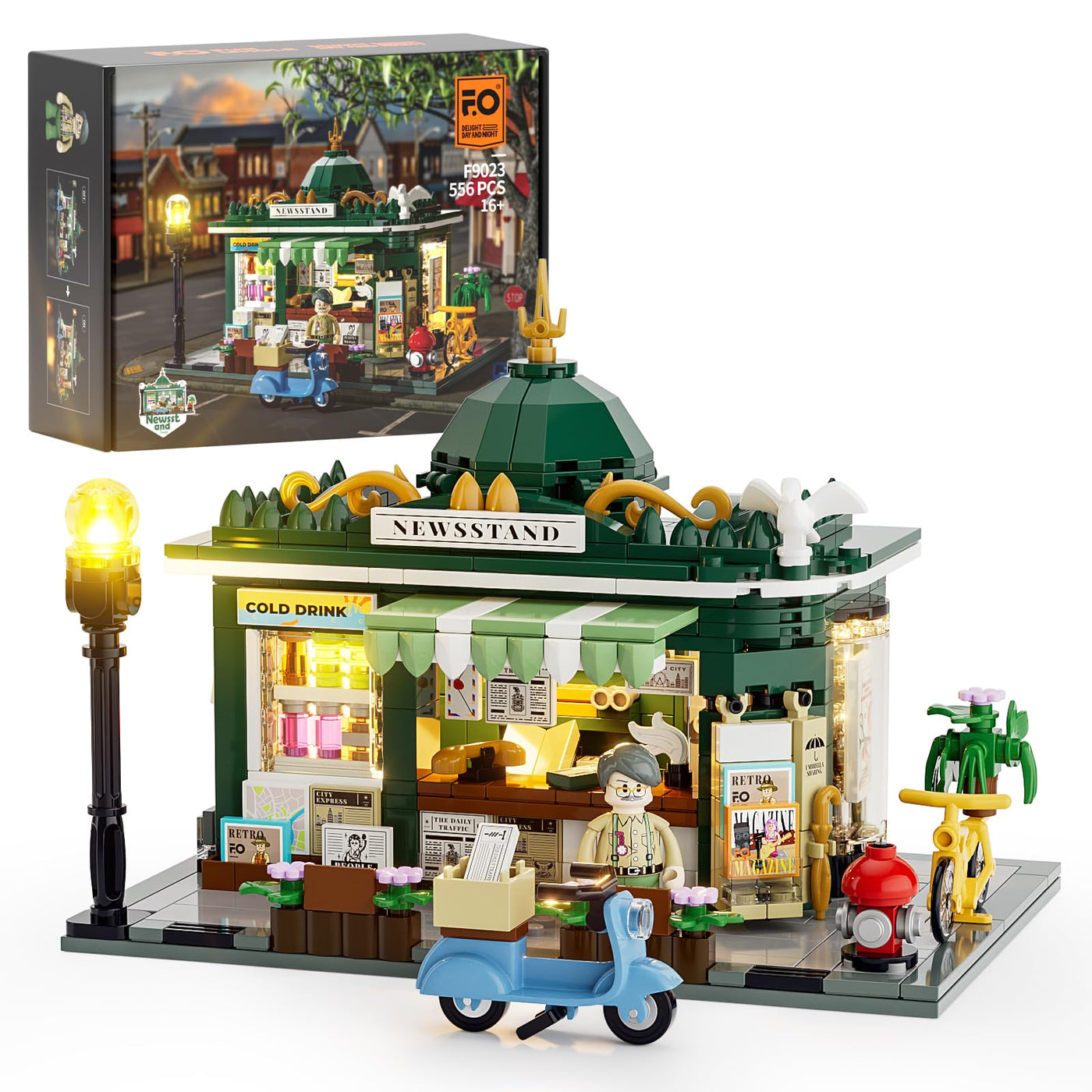 FUNWHOLE Kiosk Beleuchtung Klemmbausteine Haus, Schreibtisch-Deko, Retro Modular Building Stadtleben Set, Geschenk für Erwachsene und Jugendliche,556 Pcs,F9023,Newsstand