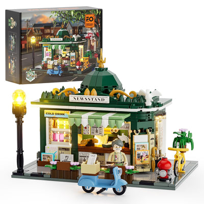 FUNWHOLE Kiosk Beleuchtung Klemmbausteine Haus, Schreibtisch-Deko, Retro Modular Building Stadtleben Set, Geschenk für Erwachsene und Jugendliche,556 Pcs,F9023,Newsstand