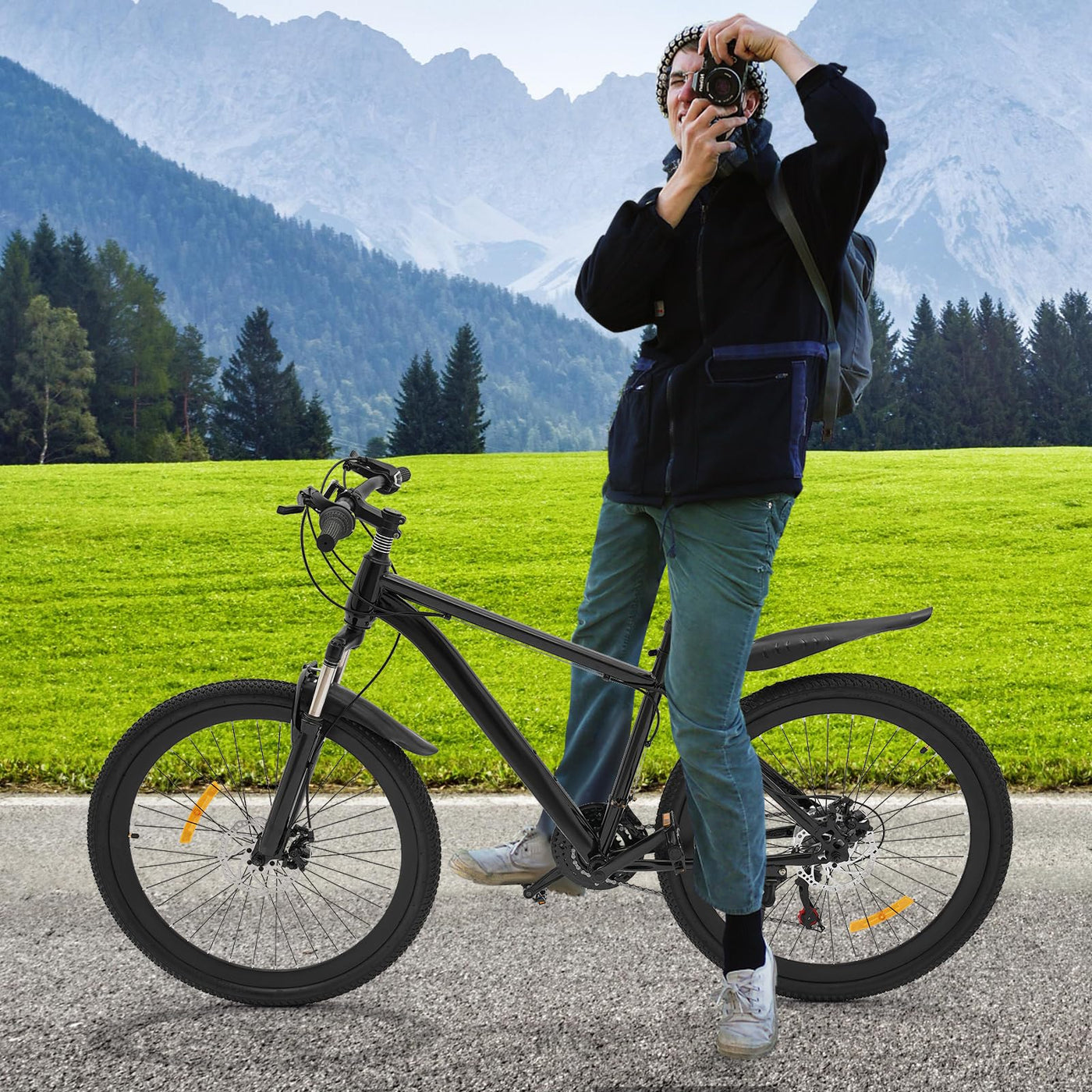 panfudongk 26 Zoll Mountainbike Fahrräder 21 Gang Carbonstahl Fahrrad mit Scheibenbremsen und Gabelaufhängung für Erwachsene geeignet 160-180 cm Fahrrad für Bergstraßen (Schwarz)