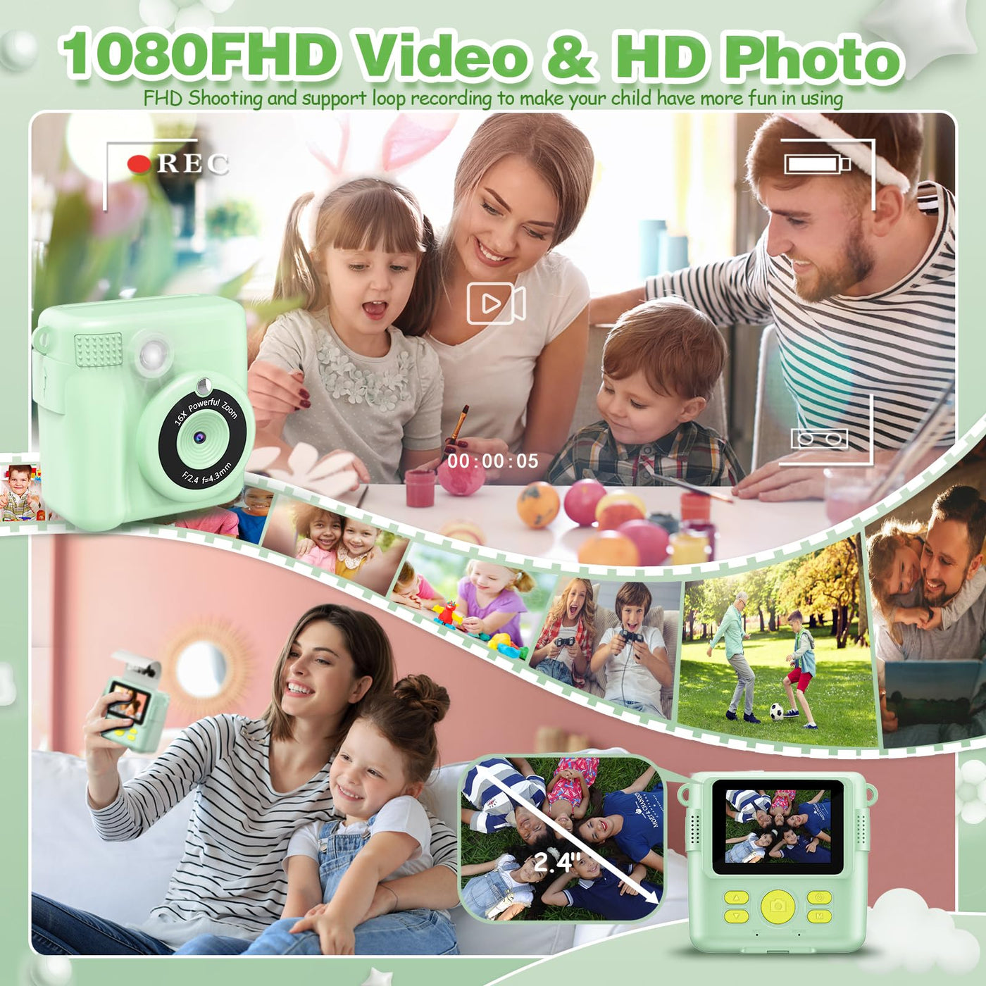 KinderKamera - Sofortbildkamera DigitalKamera Print 1080P - 16x Digitalzoom 2.4" Bildschirm - 32GB Karte - 3 Rollen Druckpapier - mit Aufbewahrungstasche Weihnachten Geschenk für Kinder 3-12 Jahren