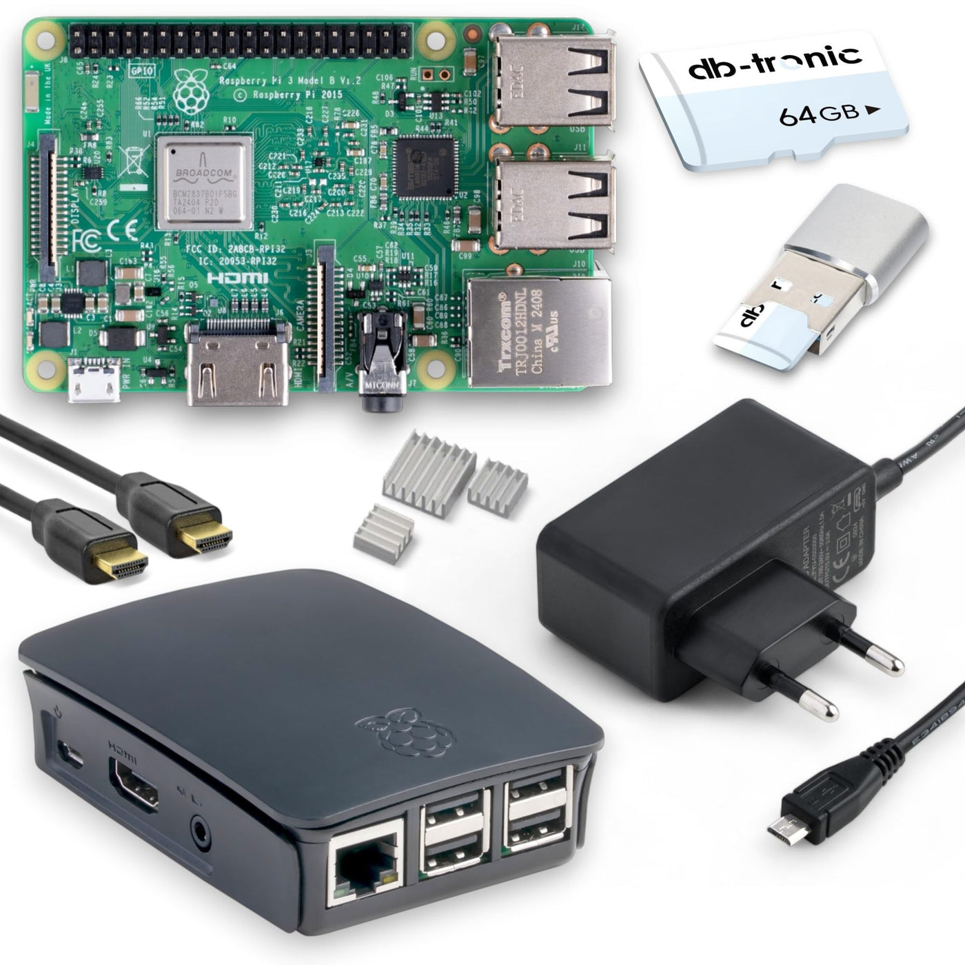 Raspberry Pi 3 B Starter-Set | Netzteil | Gehäuse | 64GB SD-Karte | HDMI Kabel 1m | USB-Kartenleser | Kühlkörper | Raspberry Pi 3 B 1GB RAM