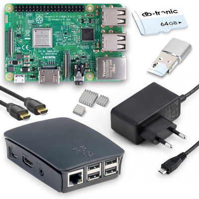 Raspberry Pi 3 B Starter-Set | Netzteil | Gehäuse | 64GB SD-Karte | HDMI Kabel 1m | USB-Kartenleser | Kühlkörper | Raspberry Pi 3 B 1GB RAM