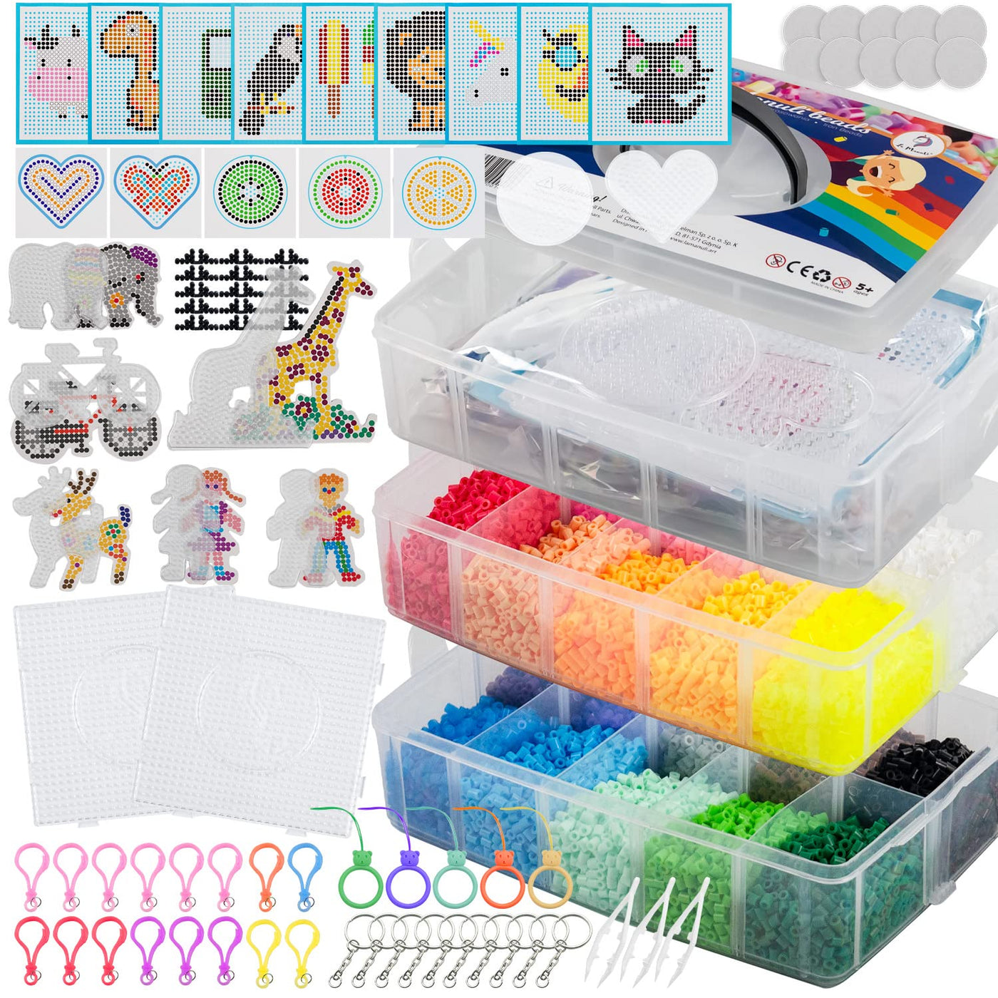 La Manuli Bügelperlenset 24000 Stück Bügelperlen mit Steckplatten, Vorlagen und Zubehör, 5mm Midi Größe (20 Farben + im Dunkeln Leuchten) XXL Bastel Set für Jungen und Mädchen