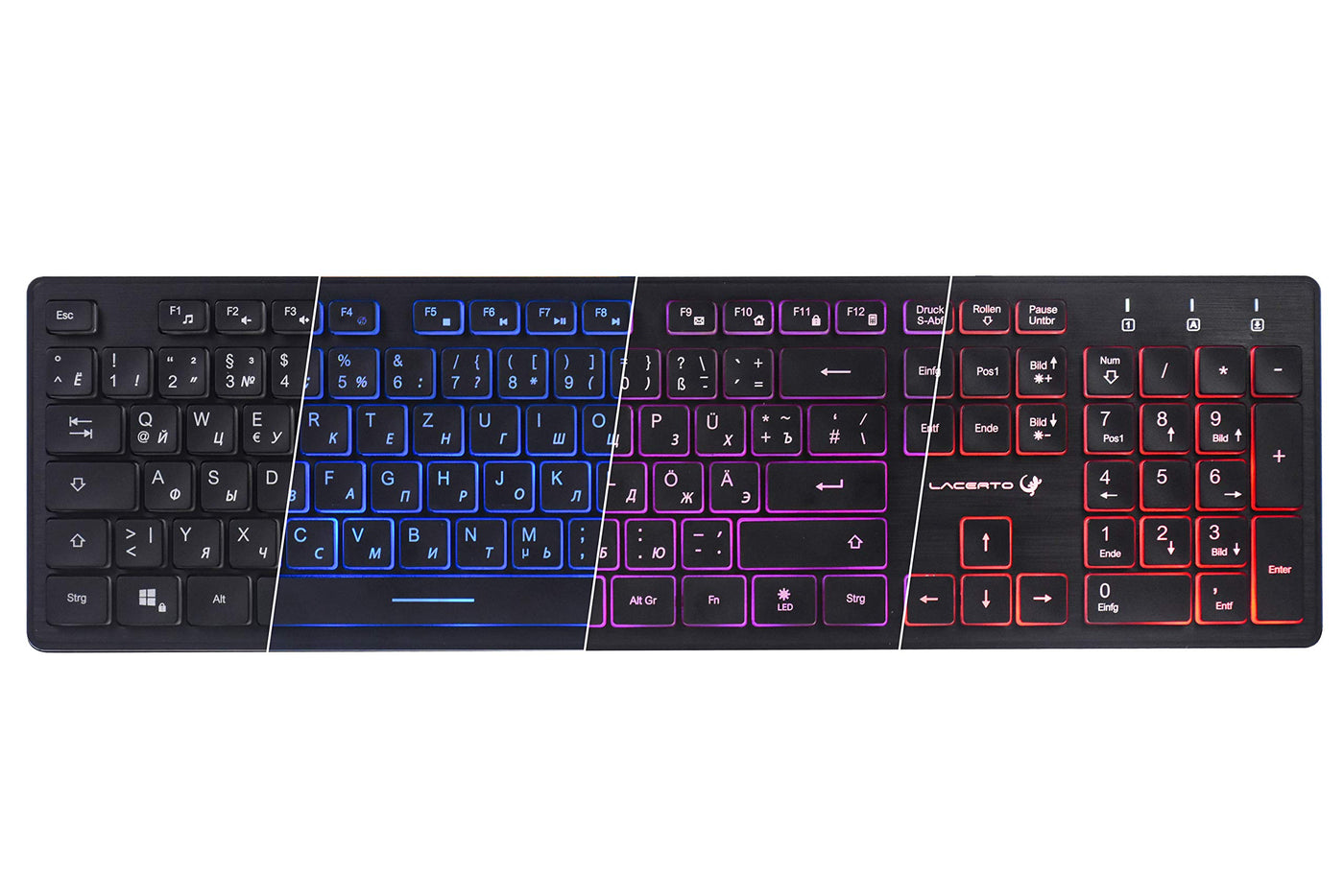 Lacerto® | Bilinguale Russisch-Deutsche beleuchtete Tastatur, USB, Spritzwassergeschützt, Deutsch + Russisch, Russian-German Illuminated Multimedia Keyboard | SPECTRUM-DR500