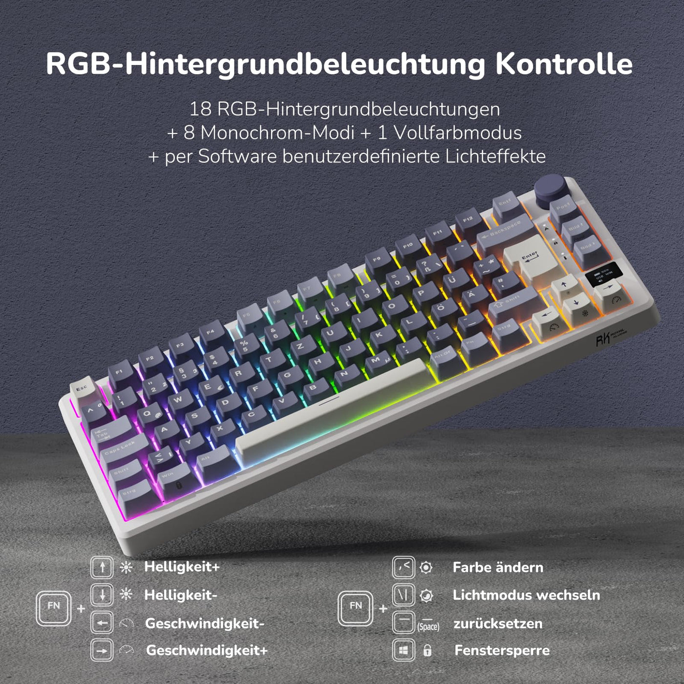 RK ROYAL KLUDGE M75 Gaming Tastatur kabellos 75% TKL Mechanische Tastatur RGB 2,4 GHz Wireless/Bluetooth/USB-C QWERTZ mit OLED-Smart-Display und Knopf Hot Swappable Braune Schalter, Lavendelviolett