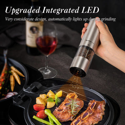 SIMPLETASTE Elektrische Pfeffermühle Salzmühle, mit Verstellbarem Keramikmahlwerk 2er Set Gewürzmühle aus Edelstahl Batteriebetrieben mit LED