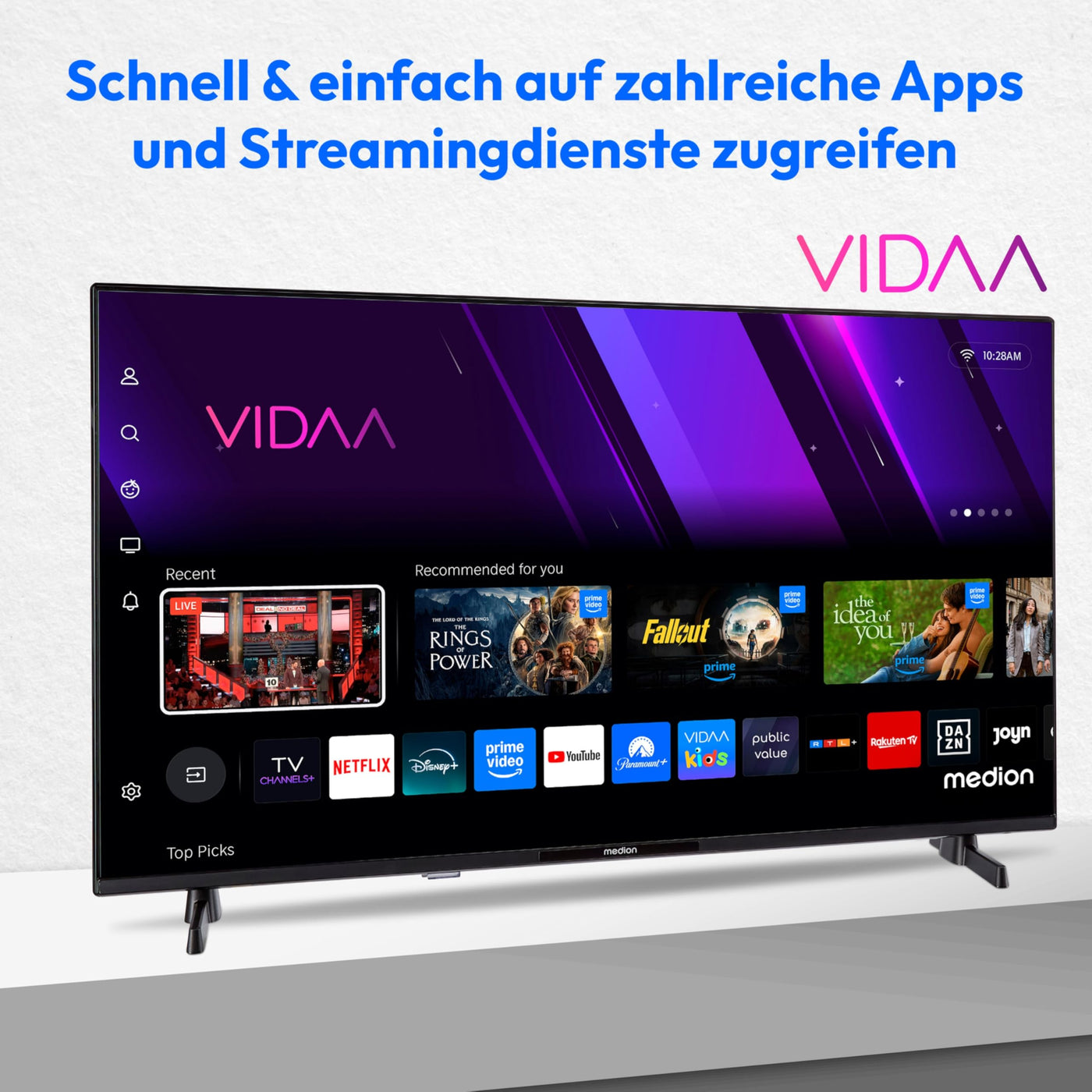 MEDION 100,3 cm (40 Zoll) Full HD Fernseher (Smart-TV, HDR, VIDAA Store, Netflix, Prime Video, Disney+, DAZN, Paramount+, HbbTV, PVR, Bluetooth, MD 840101)