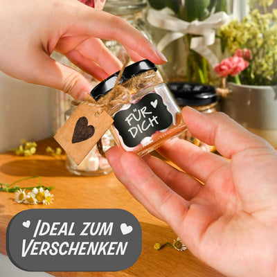 Praknu 24 Mini Gläser mit Deckel 50 ml - Mit Etiketten und Stift - Luftdichte Gläschen zum Verschenken - Für Marmelade und Honig