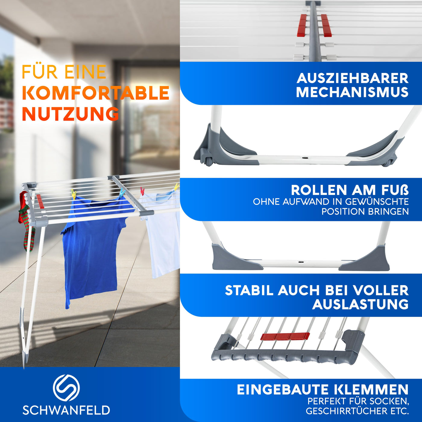 SCHWANFELD® Wäscheständer ausziehbar [20M TROCKENLÄNGE] - Wäscheständer hoch - Premium Wäschetrockner Ständer - Faltbarer Wäscheständer XXL - ausziehbarer Wäscheständer - Standtrockner rutschfest