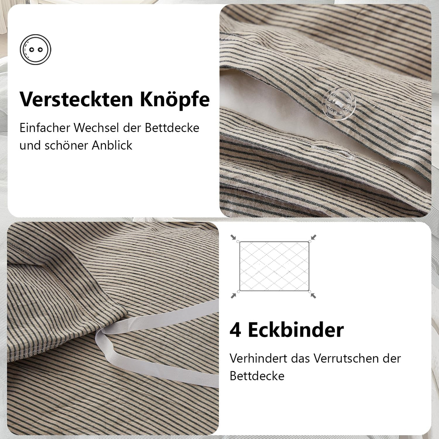 Simple&Opulence Bettwäsche 135x200 Baumwolle Gestreift Muster, 100% Gewaschene Baumwolle Bettbezug Set, Weich, hypoallergen, Enthält 1 Bettbezug 135x200 cm + 1 Kissenbezug 80x80 cm, Dunkelgrau-beige