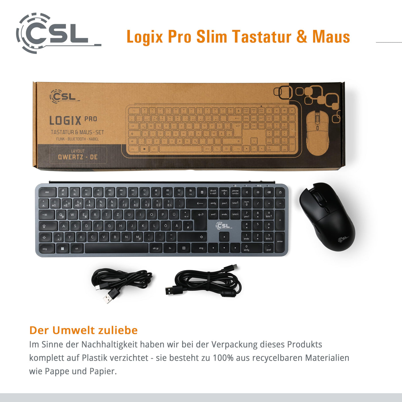 CSL Logix Pro - Tastatur Maus Set kabellos in schwarz mit QWERTZ Layout bestehend aus Funktastatur, Funk Maus, USB Nano Empfänger und USB Ladekabel, perfekt für Office PC, Laptop, Multimedia Computer