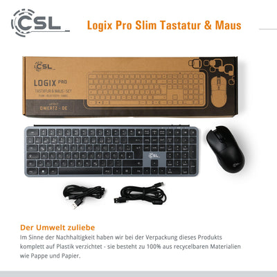 CSL Logix Pro - Tastatur Maus Set kabellos in schwarz mit QWERTZ Layout bestehend aus Funktastatur, Funk Maus, USB Nano Empfänger und USB Ladekabel, perfekt für Office PC, Laptop, Multimedia Computer