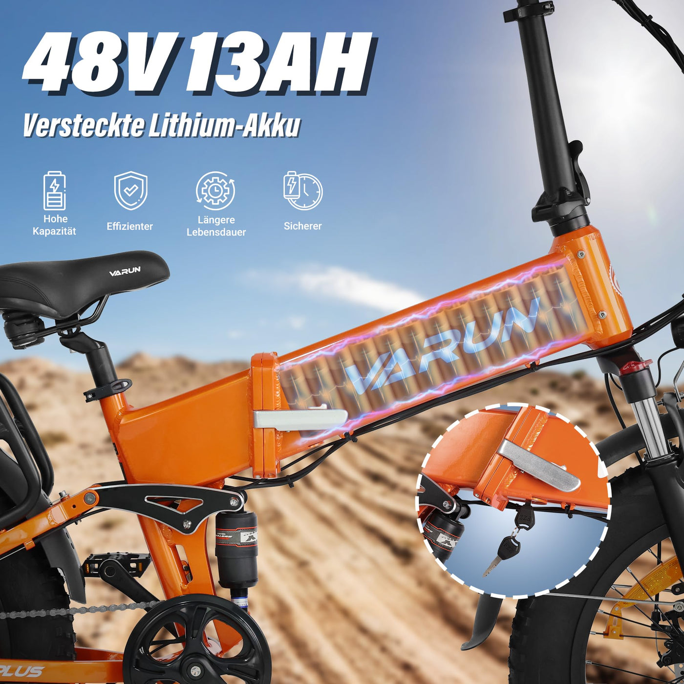 VARUN E Bike Herren und Damen Elektrofahrrad, Faltbares 20 * 4.0 Zoll E-Bike, mit 48V/13Ah Li-Ion Akku, LCD Display, Dual Shock Absorption, Leistung bis zu 100km, MTB