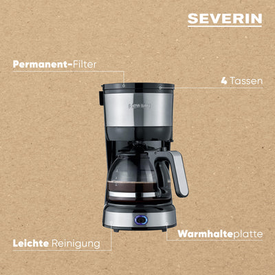 SEVERIN Kompakt Kaffeemaschine, aromatischer Kaffee mit dem Kaffeebereiter für bis zu 4 Tassen, Filterkaffeemaschine mit Permanent-Schwenkfilter, Edelstahl/schwarz, KA 4808