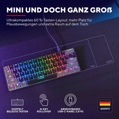 Trust Gaming GXT 867 Acira 60% Mechanische Tastatur Deutsches QWERTZ Layout, RGB Beleuchtung, Doppelt Belegte Tasten, USB Mini Tragbare Programmierbare Kleine Gaming Tastatur 60 Prozent PC Laptop